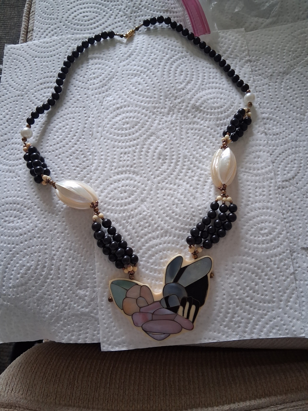 Black Beaded Necklace with Multitone Inlay Pendant